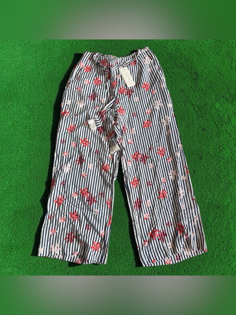 L Space Bay Smith Floral Stripe Wide Leg Pants Sz XS Tie Waist Crop Boho Coverup